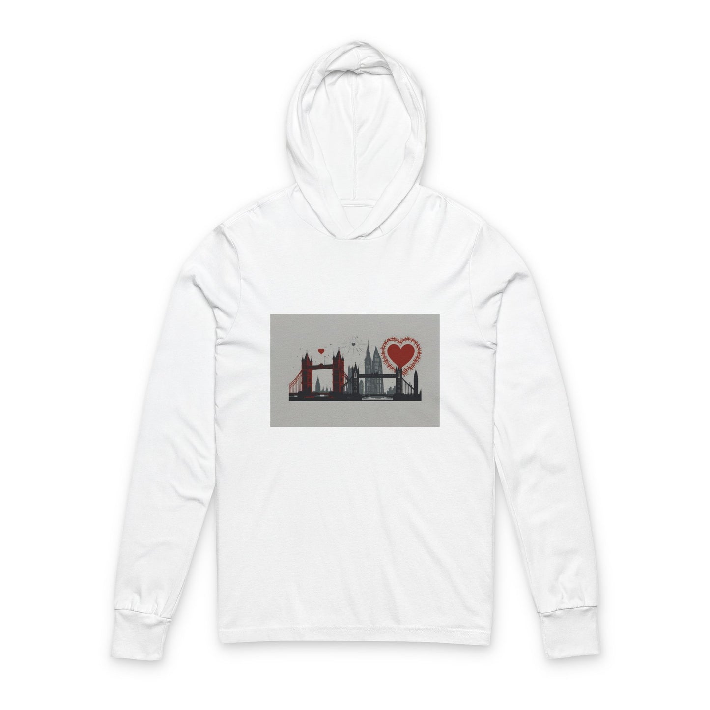 Cityscape Heart Hoodie - Unisex Long Sleeve Tee, Casual Wear, Travel Gift, Urban Style, Heart Design, Perfect for All Seasons
