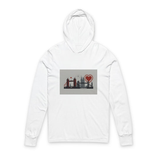 Cityscape Heart Hoodie - Unisex Long Sleeve Tee, Casual Wear, Travel Gift, Urban Style, Heart Design, Perfect for All Seasons